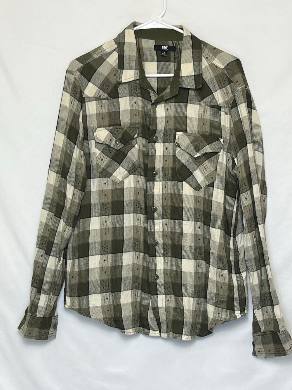 Frye Men’s Medium Green White Plaid Long Sleeve Button Up Casual Flannel Shirt
